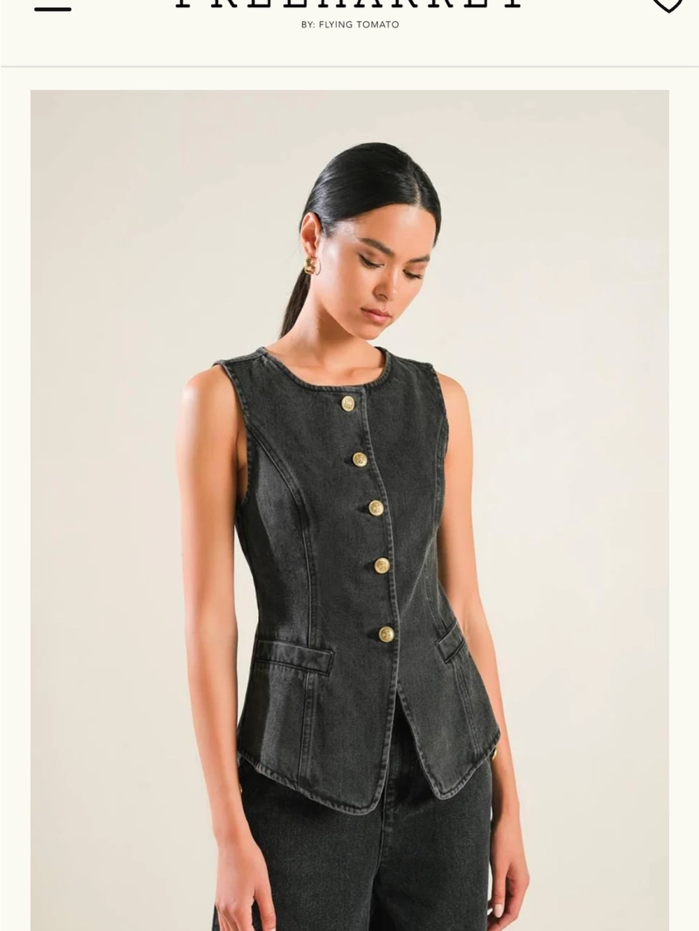 Black Tailored Denim Vest with Gold Buttons